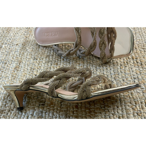 J Crew 8.5 Heels Zadie Strappy Kitten Heel Pumps Gold Open Toe Crystals NEW - Picture 10 of 14
